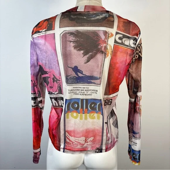 Tokyo Talkies Vintage Y2K Mesh Top Sunset Drop Postcard Newspaper Print M - Picture 3 of 10